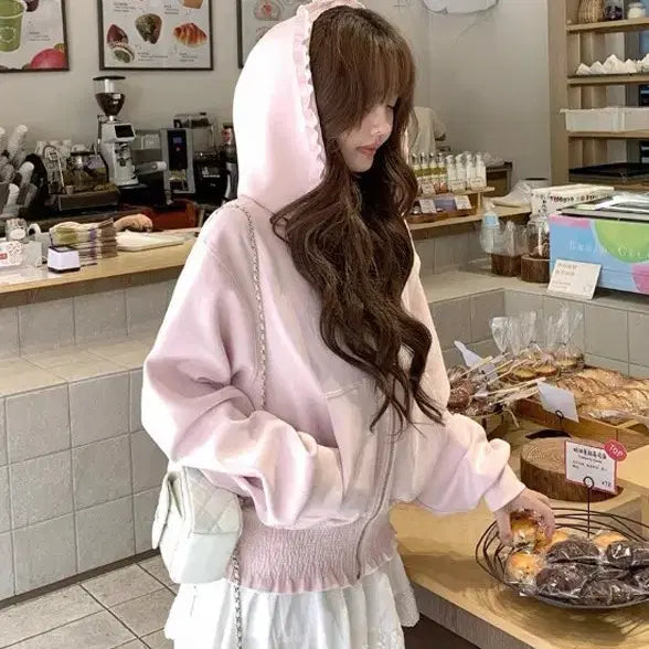 [BUNJANG] Pink Frill Hooded Zip-up / 핑크 프릴 후드집업 여성후드집업
