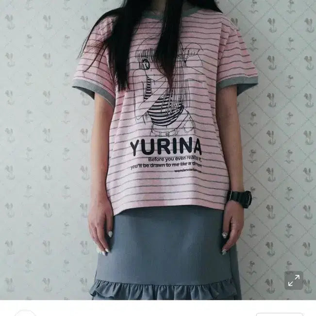 [BUNJANG] Wonder Visitor YURINA Pink Striped T-shirt / 원더비지터 YURINA 유리나 핑크 반팔 티셔츠