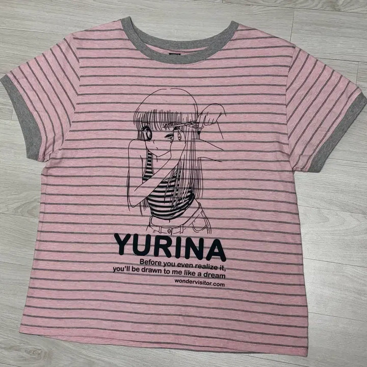 [BUNJANG] Wonder Visitor YURINA Pink Striped T-shirt / 원더비지터 YURINA 유리나 핑크 반팔 티셔츠