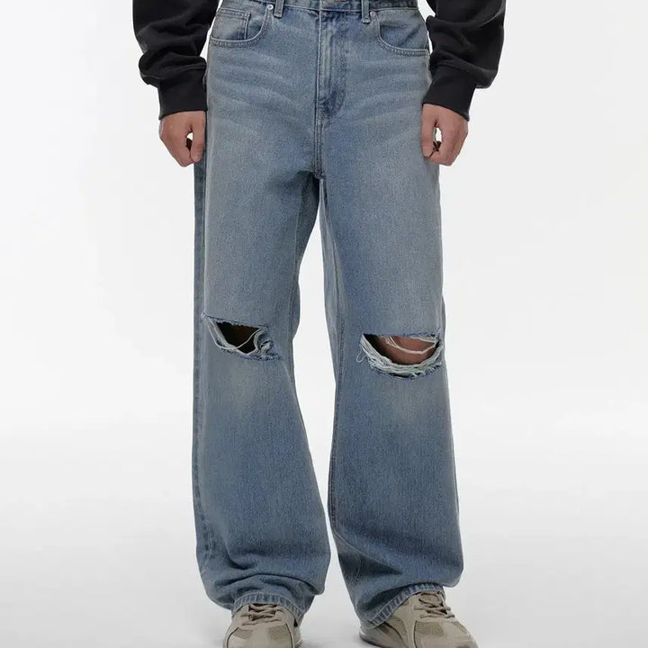 [BUNJANG] Musinsa Standard Destroyed Wide Denim Pants [Light Indigo] / 디스트로이드 와이드 데님 팬츠 [라이트 인디고] 무탠다드 무신사 32
