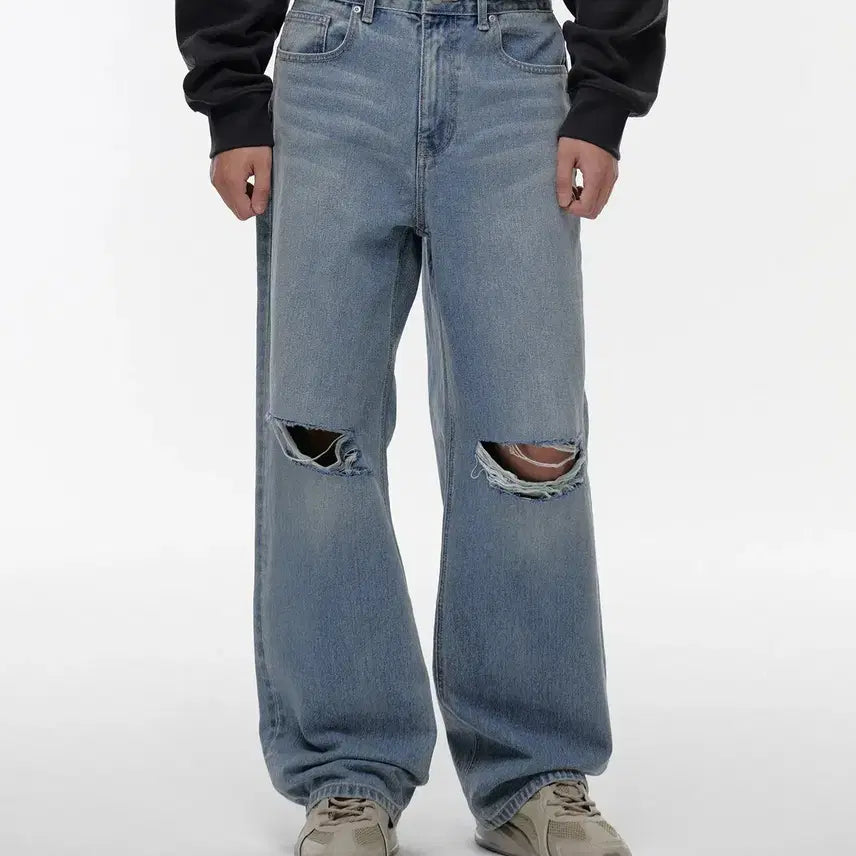 [BUNJANG] Musinsa Standard Destroyed Wide Denim Pants [Light Indigo] / 디스트로이드 와이드 데님 팬츠 [라이트 인디고] 무탠다드 무신사 32