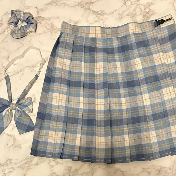 [BUNJANG] Blue Check Pleated Skirt Set with Tie/Hair Ribbon / 블루 체크 플리츠 스커트 + 타이/헤어 끈 세트