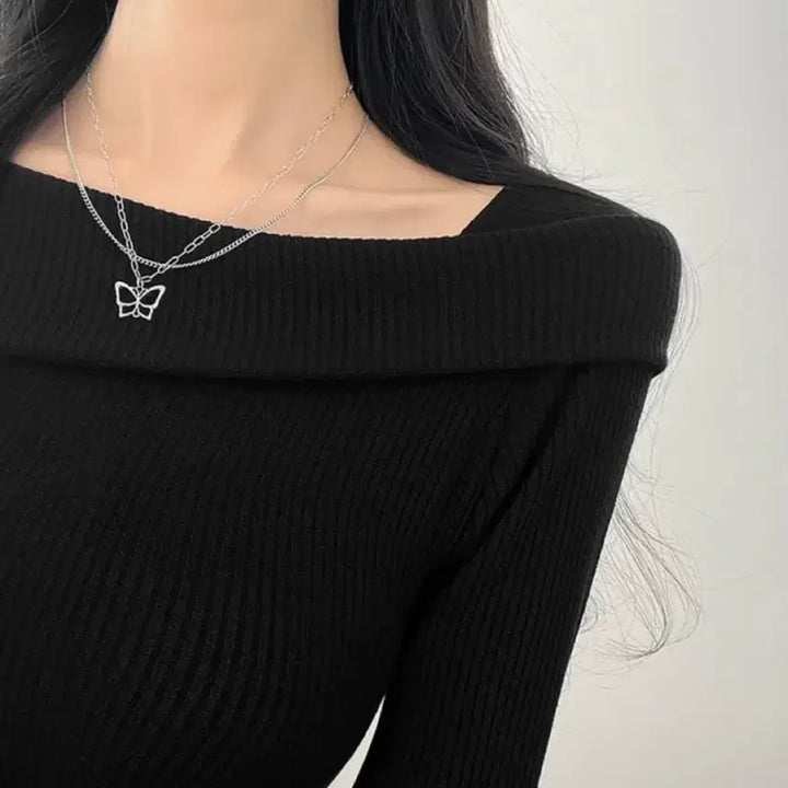 [BUNJANG] VOIR Off-Shoulder Long Sleeve Knit Top / VOIR 브아 끈노출오프숄더도 편하게 언발 골지 오프숄더 긴팔