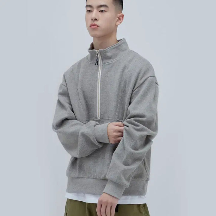 [SOLD OUT] [L] 사운즈라이프 하프 집 풀오버 맨투맨 멜란지그레이