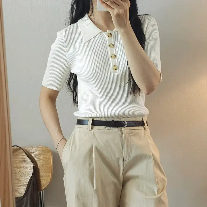 [BUNJANG] NAIN Ivory Slim-Fit Collar Knit Top / (F)NAIN 여성 카라 반팔 니트 슬림핏 아이보리 W3098