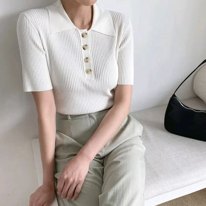 [BUNJANG] NAIN Ivory Slim-Fit Collar Knit Top / (F)NAIN 여성 카라 반팔 니트 슬림핏 아이보리 W3098