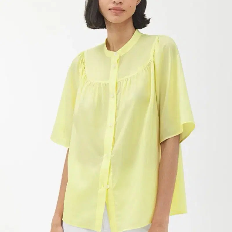 [BUNJANG] Arket Tencel Short Sleeve Shirred Blouse / 아르켓 텐셀 반팔 셔링 블라우스 옐로우 연노랑여름셔츠 차이나카라라운드넥