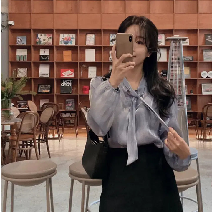[BUNJANG] Slow and Moon Light Two-Way Blouse Grayish Blue / 슬로우앤드 문라이트 투웨이 블라우스 그레이시블루