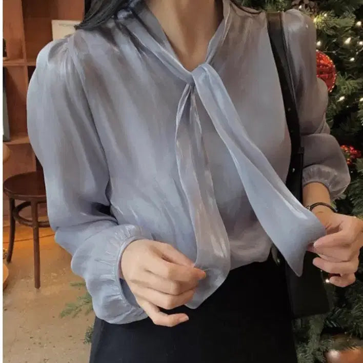 [BUNJANG] Slow and Moon Light Two-Way Blouse Grayish Blue / 슬로우앤드 문라이트 투웨이 블라우스 그레이시블루