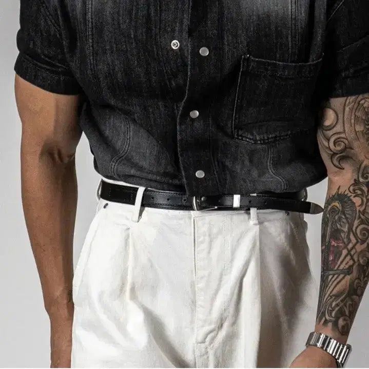[BUNJANG] IKKAI Muscle Fit CoolEver Collar Denim Short Sleeve Shirt / 익케이 머슬핏 쿨에버 카라 데님 반팔셔츠