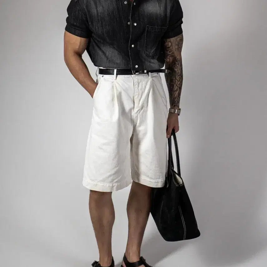 [BUNJANG] IKKAI Muscle Fit CoolEver Collar Denim Short Sleeve Shirt / 익케이 머슬핏 쿨에버 카라 데님 반팔셔츠