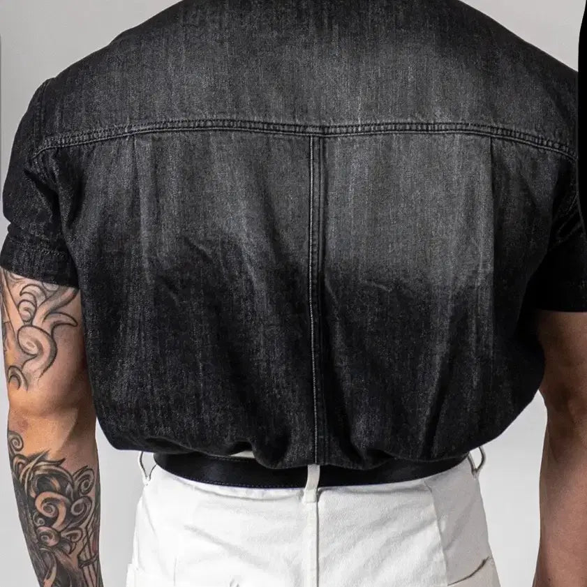 [BUNJANG] IKKAI Muscle Fit CoolEver Collar Denim Short Sleeve Shirt / 익케이 머슬핏 쿨에버 카라 데님 반팔셔츠