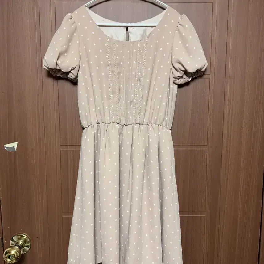 [BUNJANG] Vintage Beige Dot Puff Chiffon Dress / 모리걸 라떼갸루 일본 빈티지 베이지 도트 퍼프 쉬폰 원피스