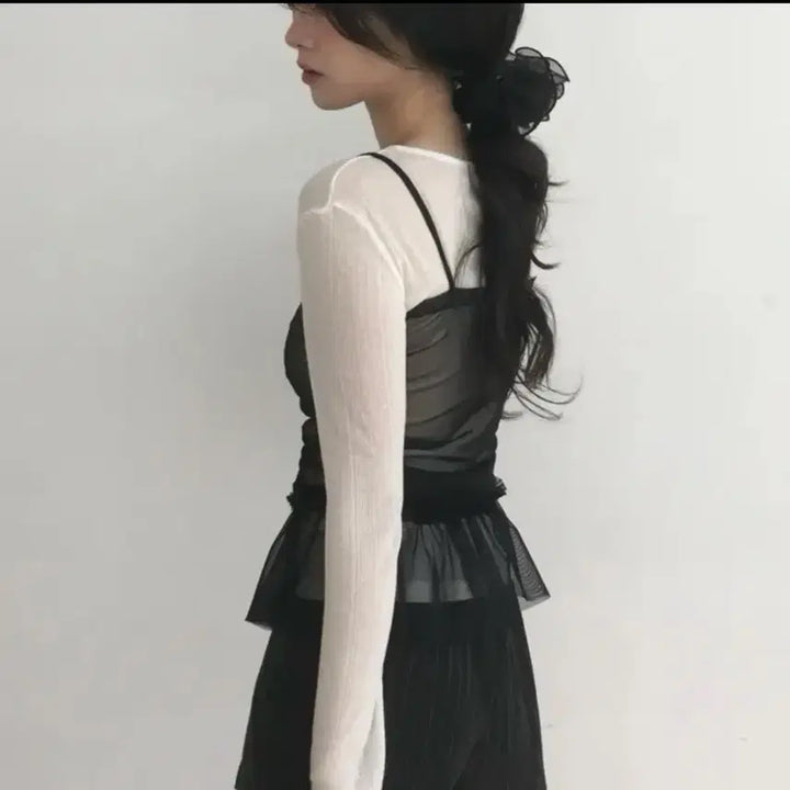 [BUNJANG] Moroi Bonfrill Optenso Mesh Frill Bustier Tank Top Black / 모로이 본프릴 옵텐소 메쉬 프릴 뷔스티에 나시 탑 블랙