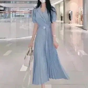 [BUNJANG] Roselin Pleated Sky Blue Dress / 교신 로젤린 플리츠 소라 원피스 (하객룩 피로연 상견례 돌잔치