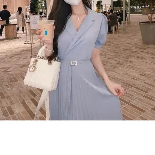 [BUNJANG] Roselin Pleated Sky Blue Dress / 교신 로젤린 플리츠 소라 원피스 (하객룩 피로연 상견례 돌잔치