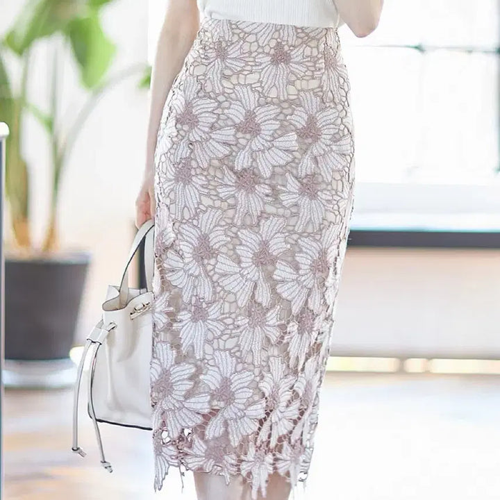 [BUNJANG] Touko Closet Pink Lace Slit Midi Skirt / 토우코클로젯 핑크 레이스 트임 밴딩 미디스커트