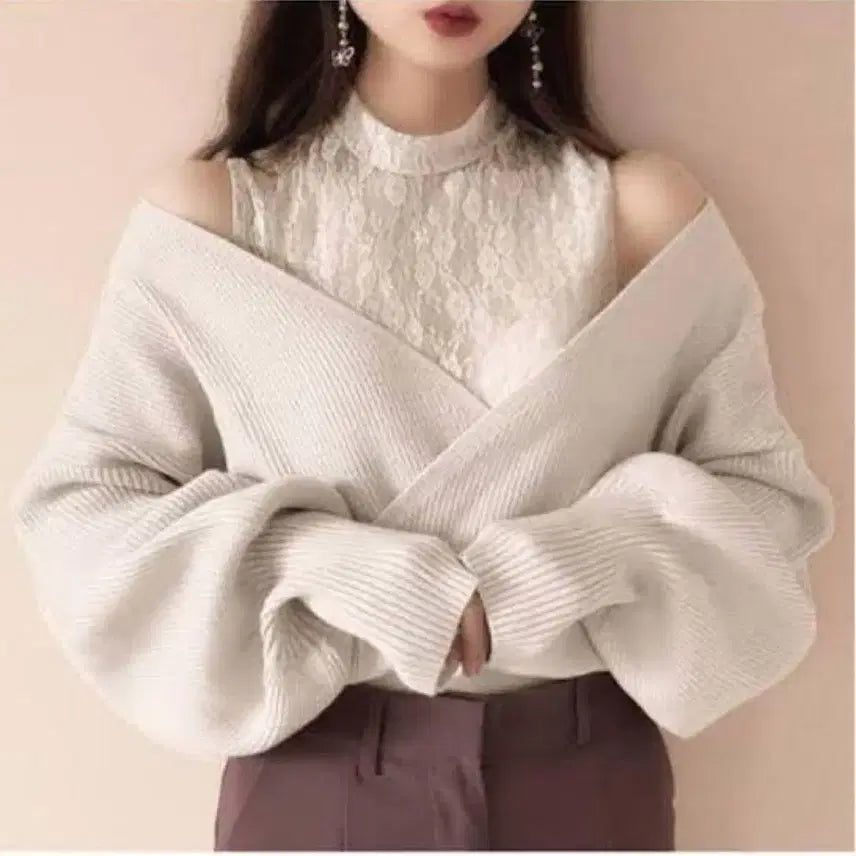 [BUNJANG] GRL Ivory Lace Off-Shoulder Knit Top / 그레일 아이보리 레이스 양산형 지뢰계 오프숄더 어깨트임 니트