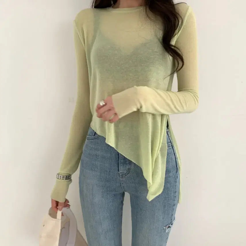 [SOLD OUT] 사선 매듭 시스루 티셔츠 연두