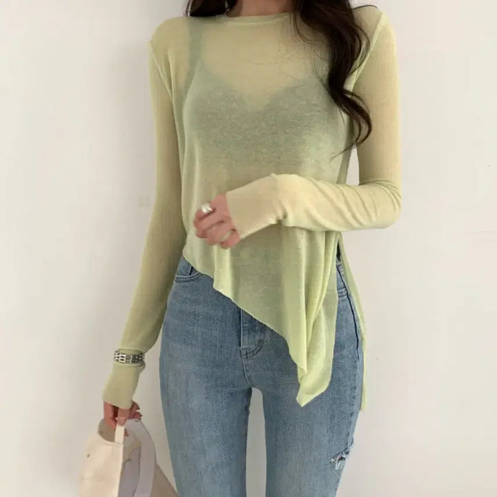 [SOLD OUT] 사선 매듭 시스루 티셔츠 연두