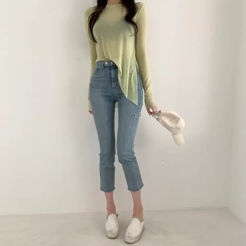 [SOLD OUT] 사선 매듭 시스루 티셔츠 연두