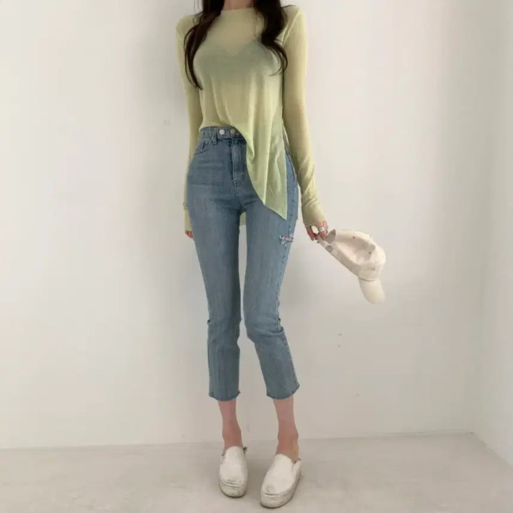 [SOLD OUT] 사선 매듭 시스루 티셔츠 연두