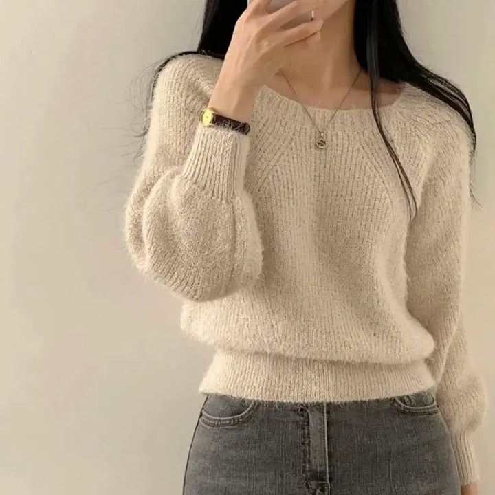 [BUNJANG] Andmore Angora Square Neck Crop Knit Top / 앤드모어 앙고라 스퀘어넥 크롭 긴팔 니트