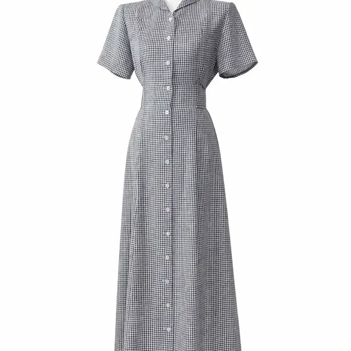 [BUNJANG] Gingham Check Long Sleeve Dress / 깅엄 체크 반팔 롱 원피스