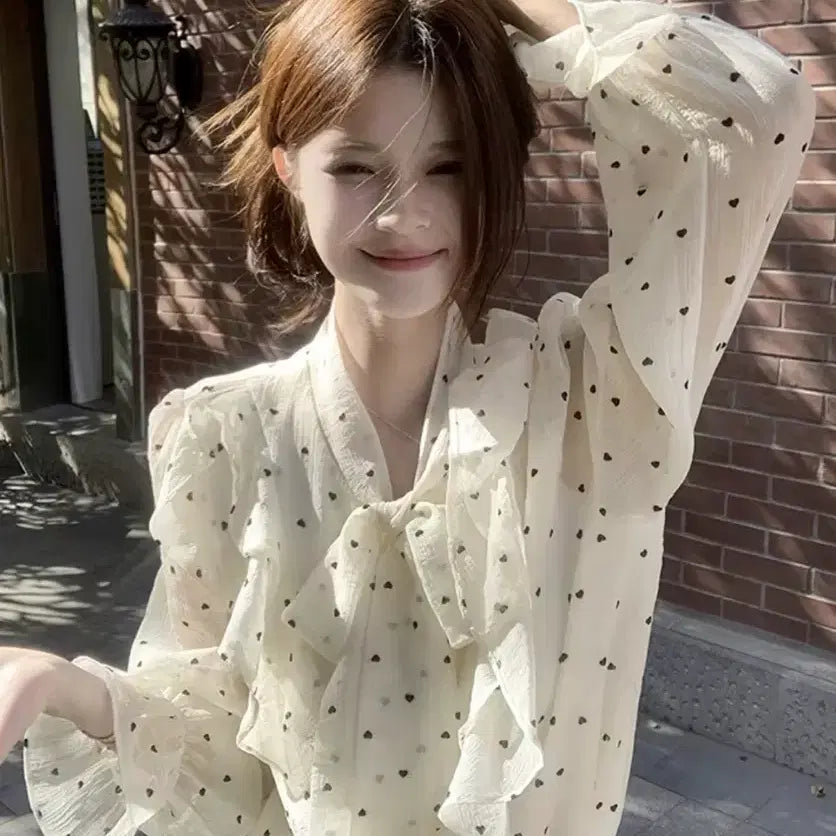 [BUNJANG] Heart Dot Ribbon Blouse / 하트 도트 리본 블라우스