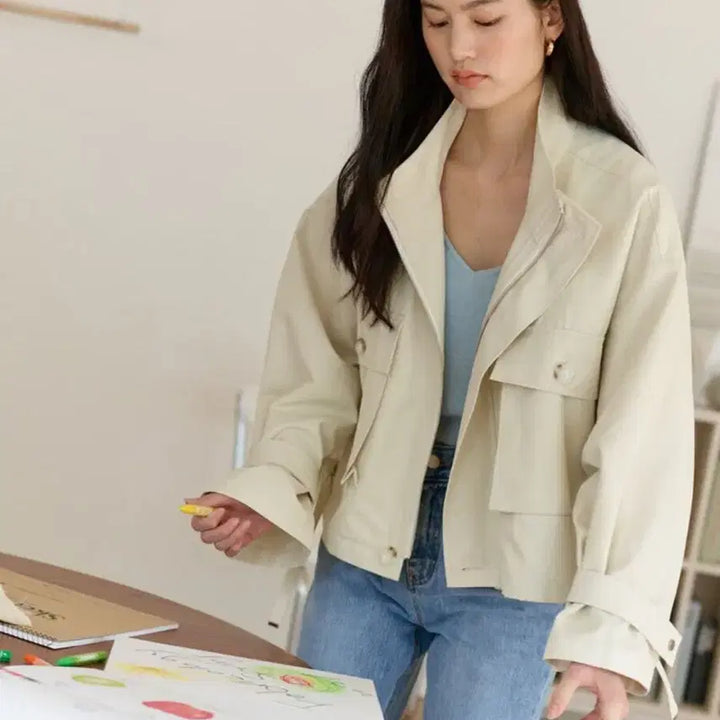 [BUNJANG] Fabric College Big Pocket Field Jacket Ivory Short Trench Coat / 패브릭컬리지 빅포켓 필드 자켓 아이보리 바스락숏트렌치점퍼야상간절기봄가을