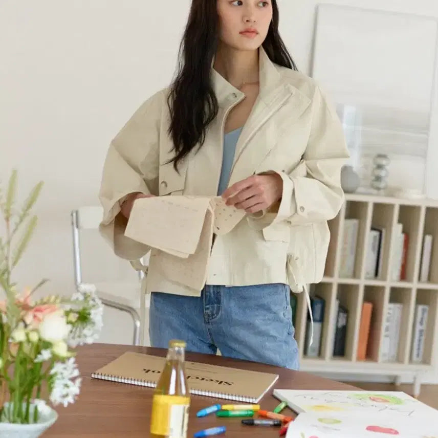 [BUNJANG] Fabric College Big Pocket Field Jacket Ivory Short Trench Coat / 패브릭컬리지 빅포켓 필드 자켓 아이보리 바스락숏트렌치점퍼야상간절기봄가을