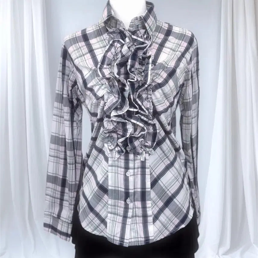 [BUNJANG] Unspecified Plaid Ruffle Blouse / 캐캐체 아무깔 체크 프릴 블라우스 셔츠