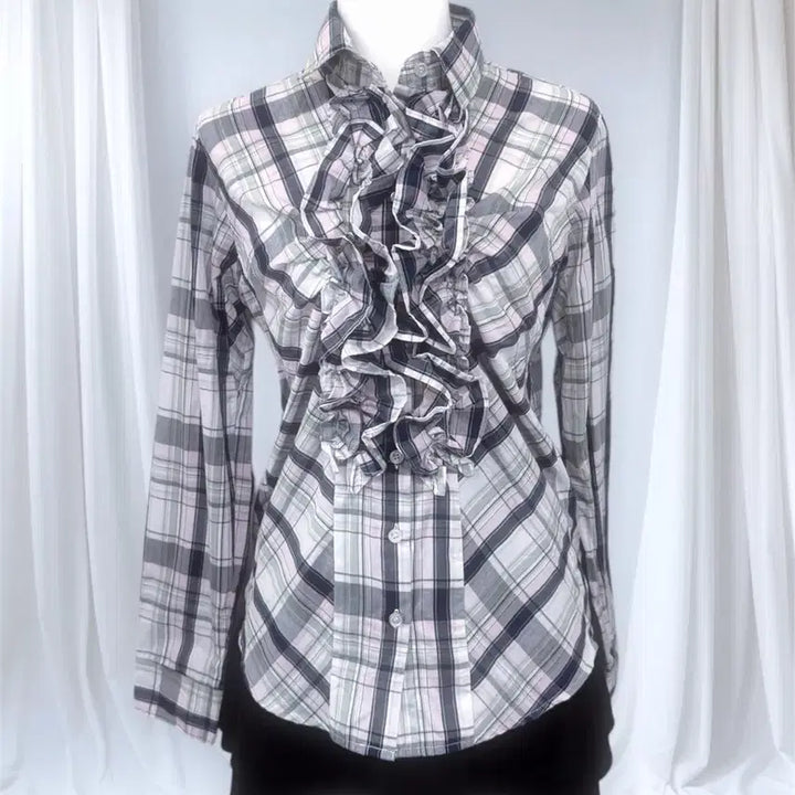 [BUNJANG] Unspecified Plaid Ruffle Blouse / 캐캐체 아무깔 체크 프릴 블라우스 셔츠