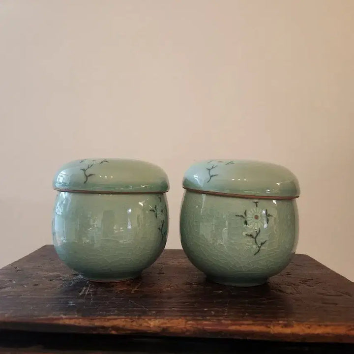 [BUNJANG] Celadon Porcelain Floral Motif Teacup Set / 상감청자 화훼문 뚜껑 부부 찻잔 세트