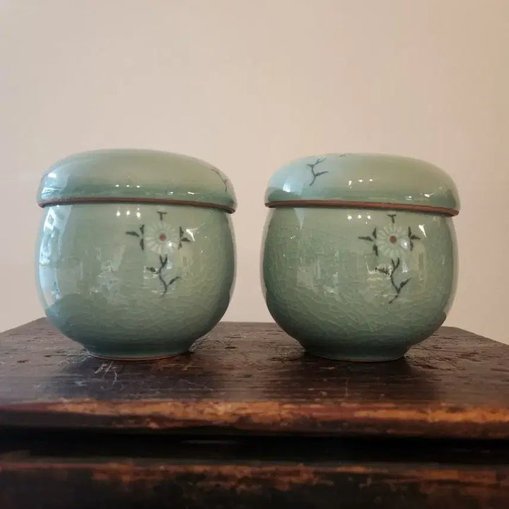 [BUNJANG] Celadon Porcelain Floral Motif Teacup Set / 상감청자 화훼문 뚜껑 부부 찻잔 세트