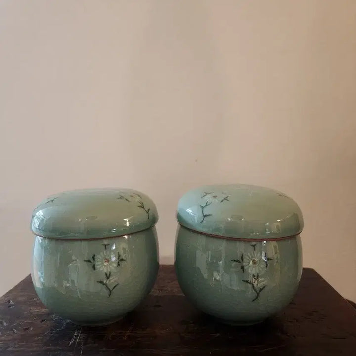 [BUNJANG] Celadon Porcelain Floral Motif Teacup Set / 상감청자 화훼문 뚜껑 부부 찻잔 세트