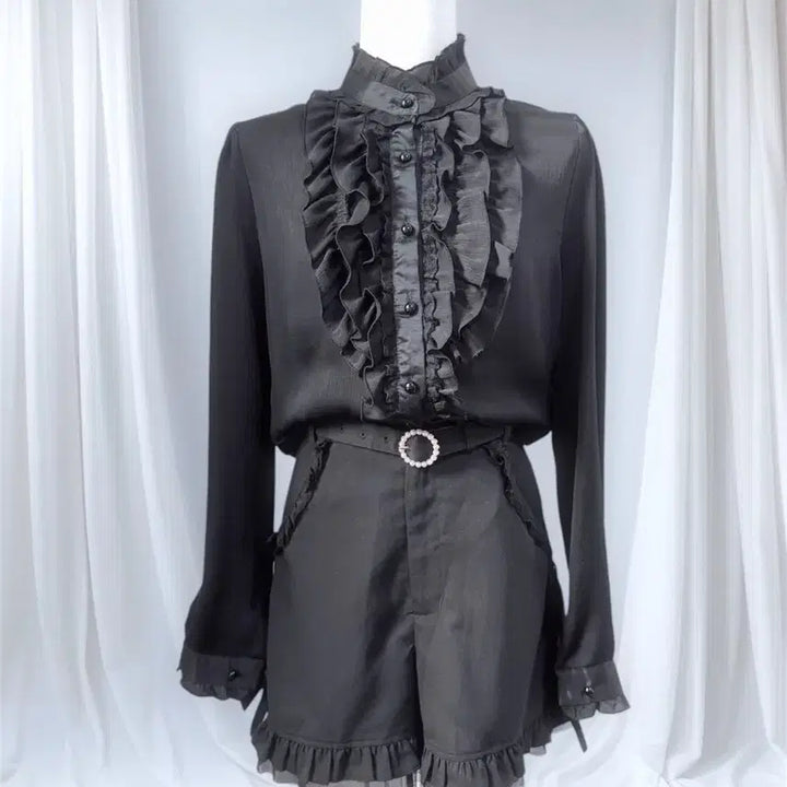 [BUNJANG] Secret Honey Ruffle Blouse &amp; Ribbon Shorts Set / 시크릿허니 고스로리 리본 팬츠+프릴 블라우스