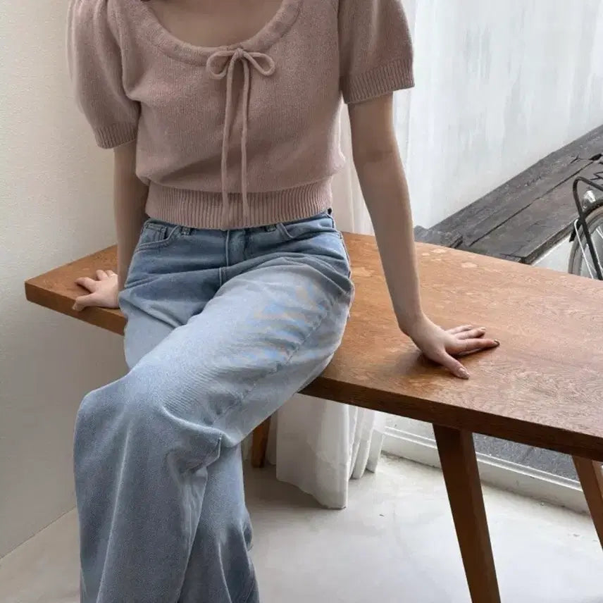 [BUNJANG] Archive J2U U-Neck Madeline Knit Pale Pink / 아카이브제이투유 U넥 마들렌 니트 페일 핑크