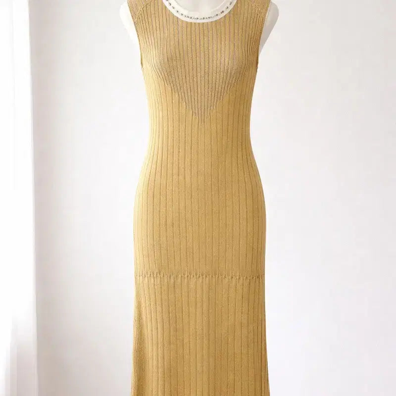 [BUNJANG] Time ST Gold Pearl Knit Mermaid Long Dress / 타임 ST 골드 펄 니트 롱원피스 / 55 / 슬림핏 머메이드 / 파티룩