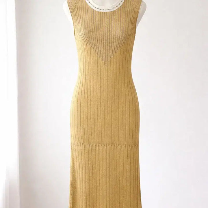 [BUNJANG] Time ST Gold Pearl Knit Mermaid Long Dress / 타임 ST 골드 펄 니트 롱원피스 / 55 / 슬림핏 머메이드 / 파티룩