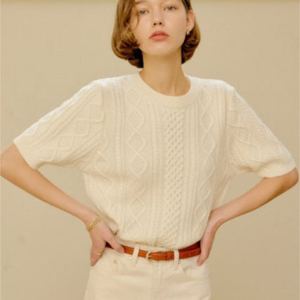 [BUNJANG] Lookast 23SS Low Cable Wool Short-Sleeve Knit Top / 룩캐스트 23SS 로우 케이블 울 반팔 니트 free