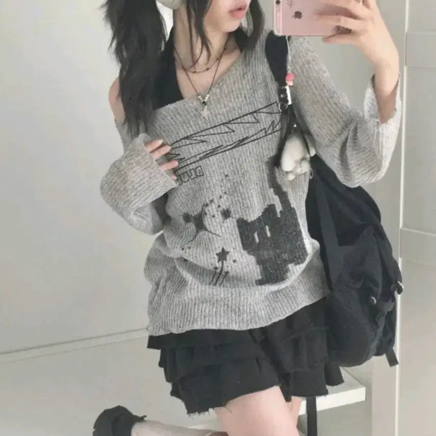 [BUNJANG] Avely Cat Print Knit Top / 에이블리 고양이 프린팅 그물니트