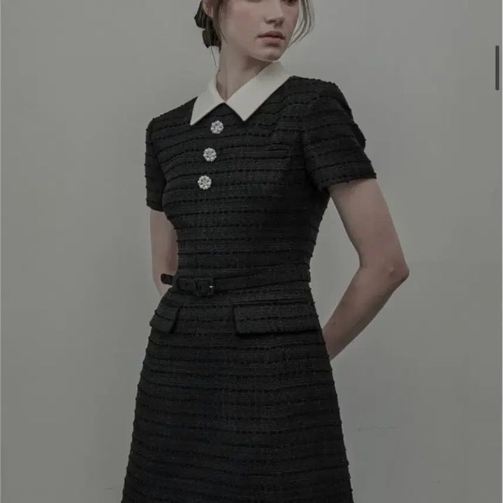 [BUNJANG] Mausoleum Tweed Collared Mini Dress - Black / 마우솔레움 Tweed Collared Dress - Black