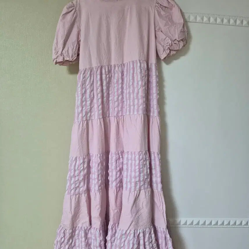 [BUNJANG] Pink Gingham Check Ruffle Long Dress / 핑크 깅엄 체크 캉캉 롱 원피스