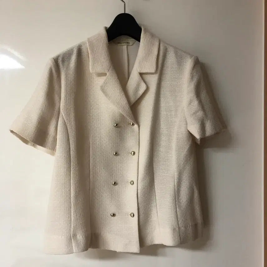 [BUNJANG] Wellknown Tweed Double-Button Jacket / 웰노운 더블단추 트위드 반팔 자켓 올드머니룩 출근룩 골드버튼