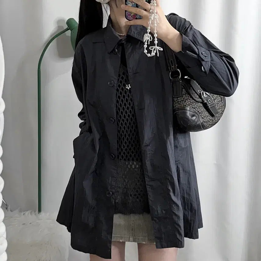 [BUNJANG] Unbelievable Blue Gray Neck Buckle Windbreaker Coat Jacket / 블루 그레이 넥버클 바람막이 코트 자켓