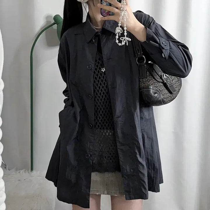 [BUNJANG] Unbelievable Blue Gray Neck Buckle Windbreaker Coat Jacket / 블루 그레이 넥버클 바람막이 코트 자켓