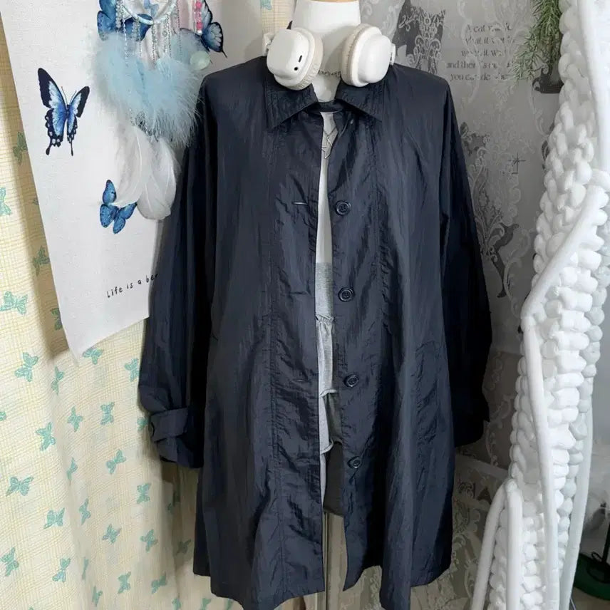 [BUNJANG] Unbelievable Blue Gray Neck Buckle Windbreaker Coat Jacket / 블루 그레이 넥버클 바람막이 코트 자켓