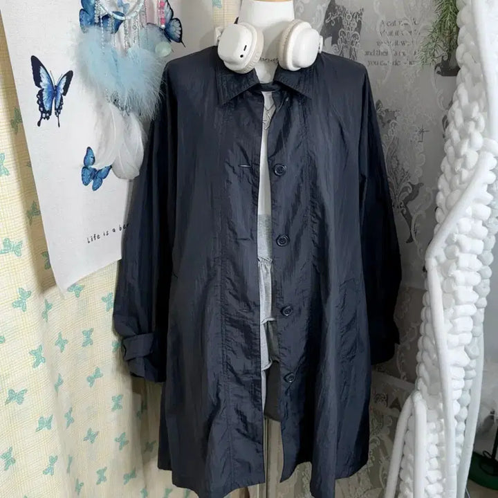 [BUNJANG] Unbelievable Blue Gray Neck Buckle Windbreaker Coat Jacket / 블루 그레이 넥버클 바람막이 코트 자켓