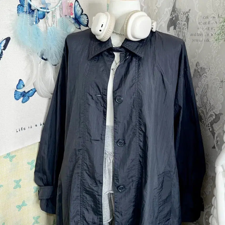 [BUNJANG] Unbelievable Blue Gray Neck Buckle Windbreaker Coat Jacket / 블루 그레이 넥버클 바람막이 코트 자켓